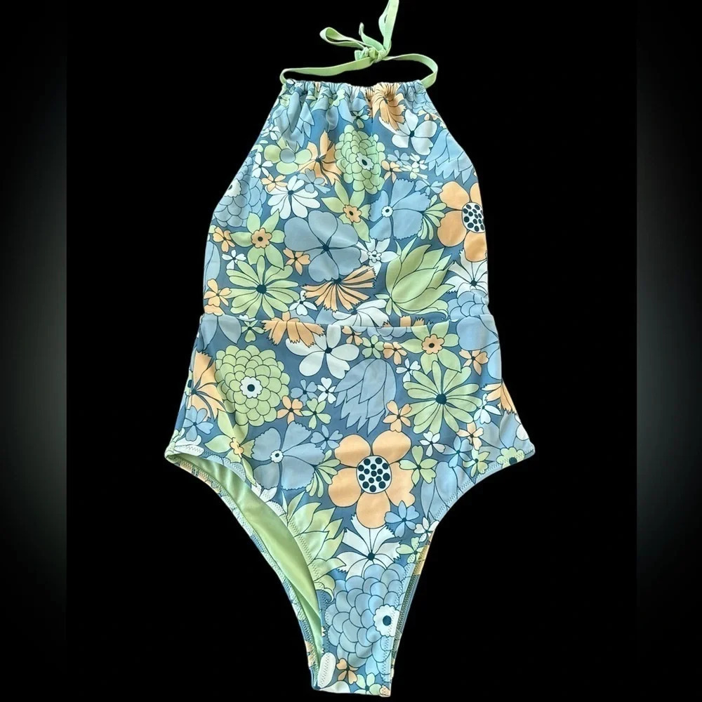 Aerie size‎ small Blue Floral Cheeky One Piece Swimsuit Halter Tie Boho Swim S